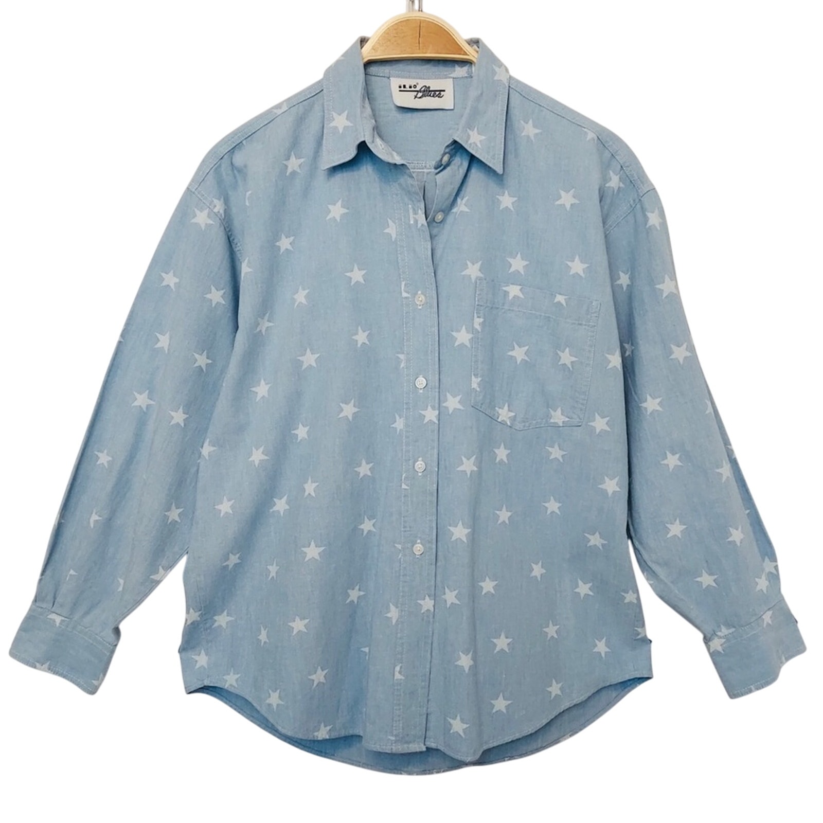Vintage 90's Ilio Blues Western Blue White Stars Denim Jean Shirt Top Medium